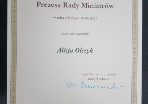 dyplom Stypendium Prezesa Rady Ministrów dla Alicji Olczyk